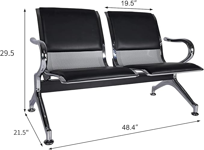 2-Seat Waiting Room Chairs - Waiting Room Bench with Arms Airport Reception Bench Guest Reception PU Leather Lobby Bench Waiting Area Chairs for Market Bank Hospital School, Black