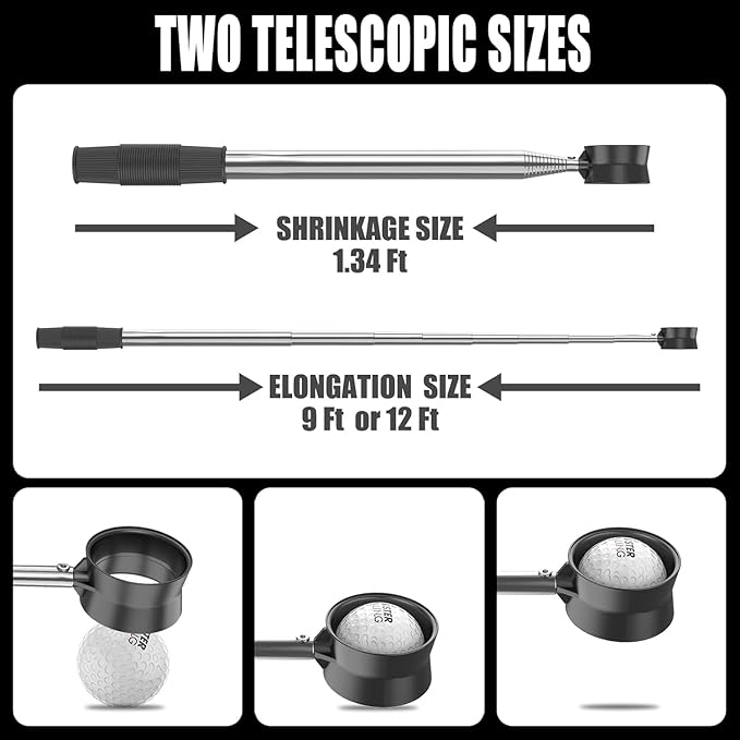 9ft/12ft Water Telescopic Golf Ball Retriever，Classic and Durable Stainless Steel Picker Upper, The Best Accessory Gift for Men and Women Golfers.