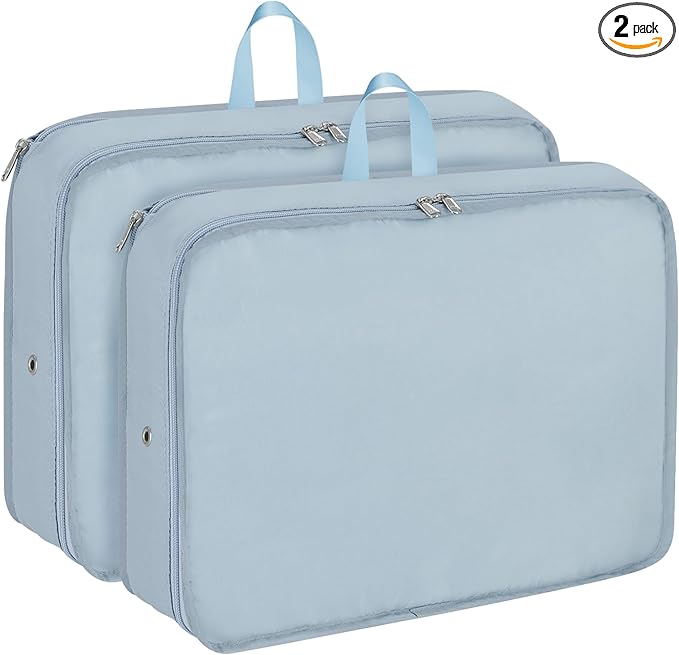 2 Set Compression Packing Cubes for Travel, Expandable Luggage Organizers Bag, Large Compression Cubes for Packing, Travel Accessories for Suitcase Organizer Bags Set (Light Blue)