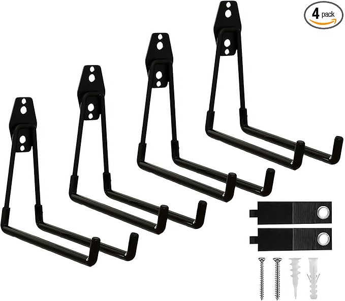Garage Hooks, 4 Pack 7.7inch Large Square Wall Hooks for Hanging Heavy Duty Ladders, Bikes, Tools Ideal for Garage, Garden, Basement Utility Room Storage (Black)