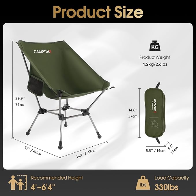 Portable Camping Chair Plus, Larger & Roomier, Compact and Lightweight, Folding Chair for Backpacking & Hiking, 330Lbs Capacity, Green