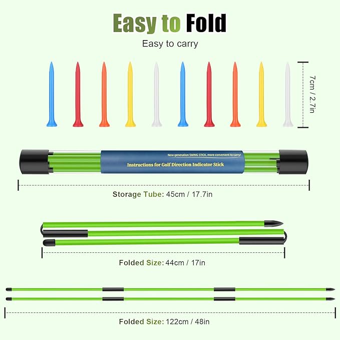 Golf Alignment Sticks 2 Pack, 48″Collapsible Practice Rods for Aiming/Putting, Golf Training Aid for Swing Trainer with Clear Tube Case, Foldable Training Rods with 10 Golf Tees
