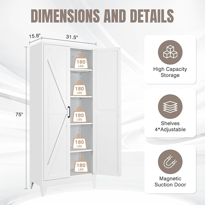 Yizosh Metal Storage Cabinet with Doors and 4 Adjustable Shelves - 75" White Kitchen Pantry Storage,4-Tier Tall Steel Cabinet Locker for Kitchen,Living Room,Dining Room