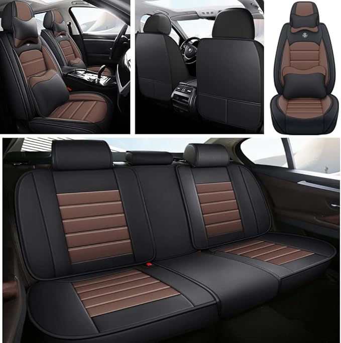 Leather Car Seat Covers for VW Golf SportWagen 2015-2019,Waterproof Soft Seat Covers,Interior Accessories Seat Covers Protector Airbag Compatible(5pcs Black&Coffee Luxury)