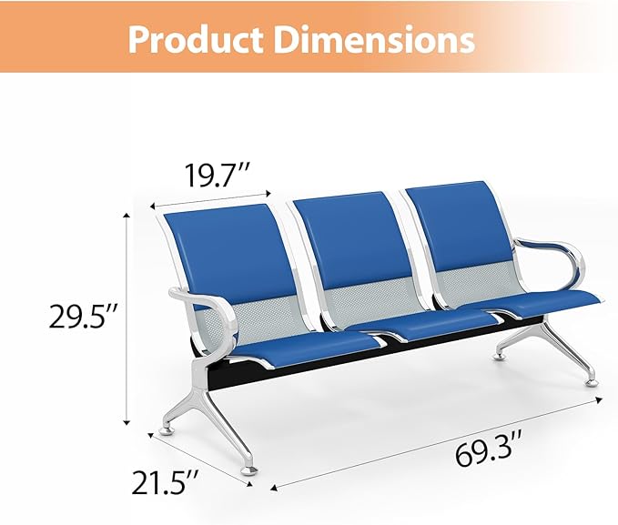 Kinfant 3-Seat PU Leather Waiting Room Bench – Blue Reception Chair for Office, Hospital, Bank, Salon, Airport