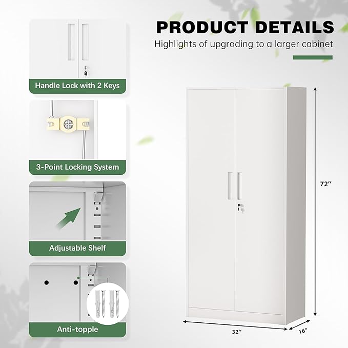 Greenvelly Metal Garage Storage Cabinet,Steel Lockable Storage Cabinet with 2 Doors and 4 Adjustable Shelves,Tall Metal Cabinet Locking File Cabinet for Office,Home, Garage, Gym, School