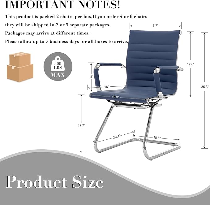 CIMOTA Waiting Room Chairs Leather Office Guest Chair Mid Back Reception Chairs with Sled Base for Meeting/Patient/Conference Room, Navy Set of 2