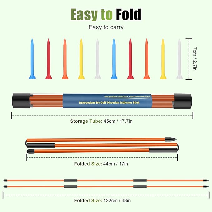 Golf Alignment Sticks 2 Pack, 48″Collapsible Practice Rods for Aiming/Putting, Golf Training Aid for Swing Trainer with Clear Tube Case, Foldable Training Rods with 10 Golf Tees
