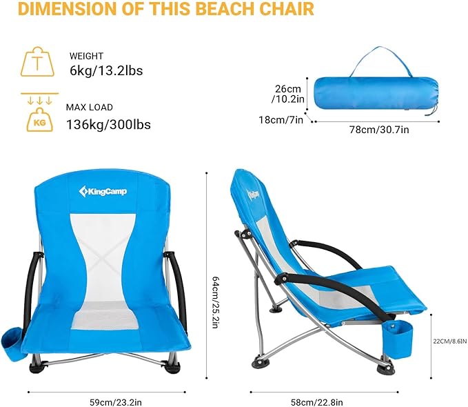 KingCamp Low Beach Chairs, Folding Portable Chair for Adults Lightweight Extra Wide Seat 300lbs Heavy Duty Oversized Backpack, Carry Bag for Camping