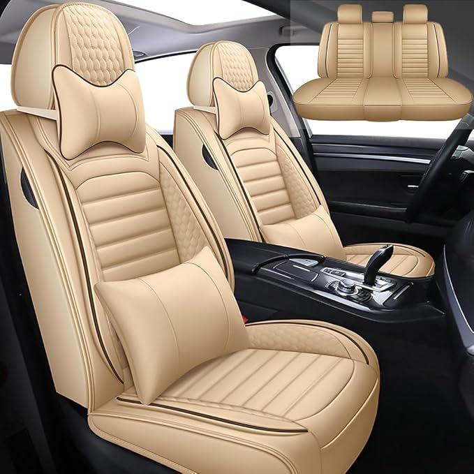Leather Car Seat Covers for Volkswagen Golf 2001-2021,Car Seat Covers Full Set,Seat Covers with Safety,Waterproof Seat Cover Compatible Airbag(5pcs Beige Luxury)