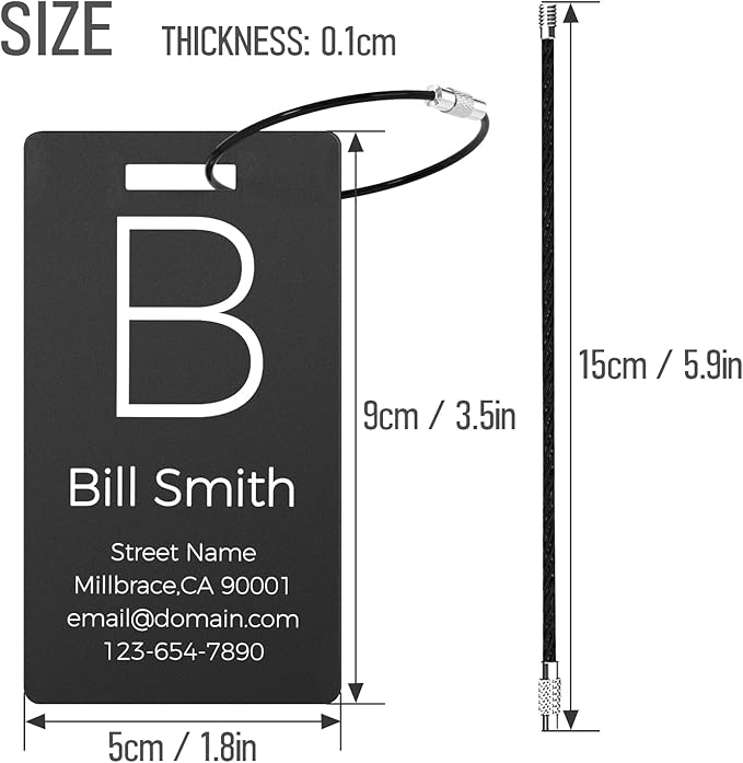 4 Personalized Metal Luggage Tags for Suitcase, Laser Engraved with Text and Logo, Custom Aluminum Name Tags with Stainless Steel Ring, for Travel, Golf Bag, and Baggage (Black)