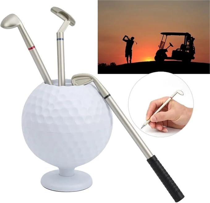Golf Theme Pen Holder Set, Mini Desktop Golf Ball with 3 Golf Club Pens, Plastic Golfer Souvenir