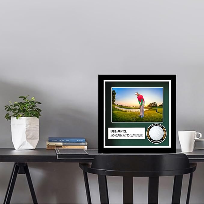 Golf Ball Case Display,9.8"x8.6"Golf Ball Holder Display,Hole in One Display Case,with 4x6 Photo Frame,Solid Wood HD Glass Golf Display (Black) ﻿