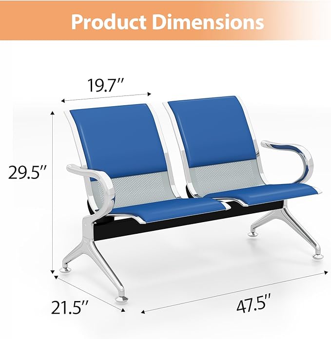 Kinfant 4-Seat Waiting Room Chairs with Arms – Heavy-Duty Steel Frame PU Leather Back & Cushioned Seat, Ergonomic Office Reception Guest Chair for Lobby, Clinic, Airport, Blue