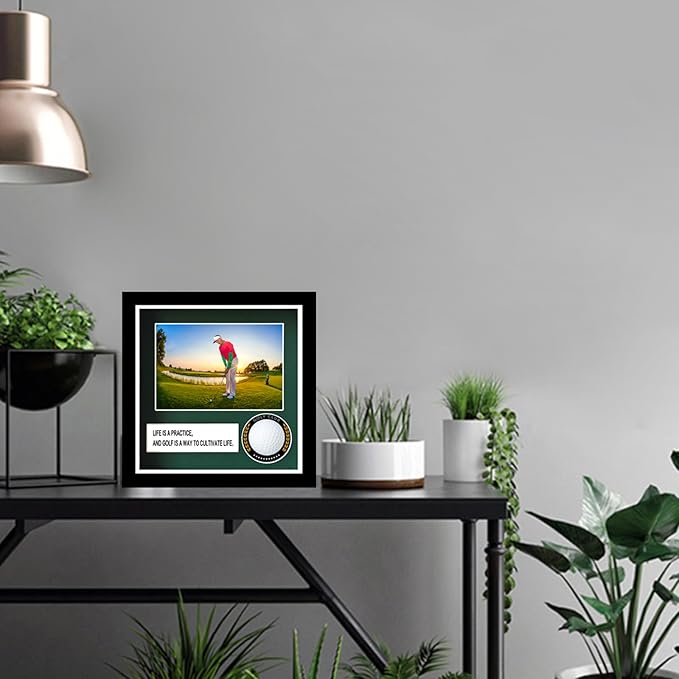 Golf Ball Case Display,9.8"x8.6"Golf Ball Holder Display,Hole in One Display Case,with 4x6 Photo Frame,Solid Wood HD Glass Golf Display (Black) ﻿
