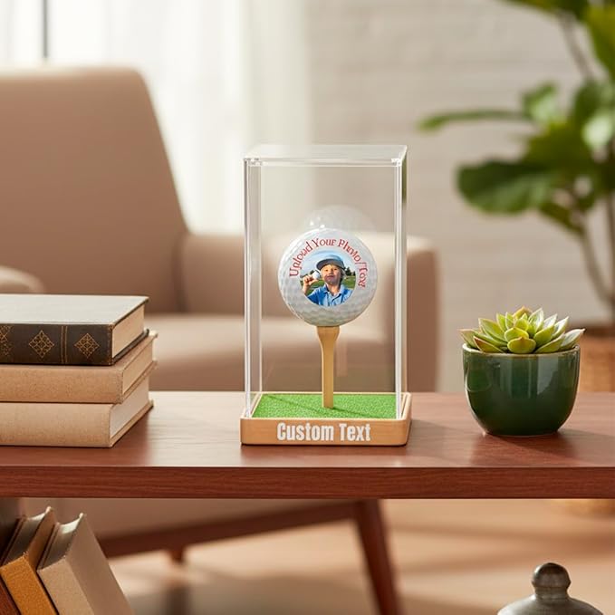Custom Golf Ball Display Case – Single Golf Ball Holder Stand with Clear Acrylic Cover, Wood Base & Grass Pad – Hole-in-One Golf Gift for Men, Dad, Coach, Golfer (Customized, 4.9x3x2.9 inch)
