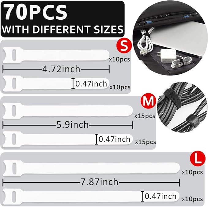 70pcs Cable Ties Reusable White Wire Ties Cable Management Cord Ties Reusable for Electronics Hook and Loop Cable Ties for Computer 4 6 8 Inch