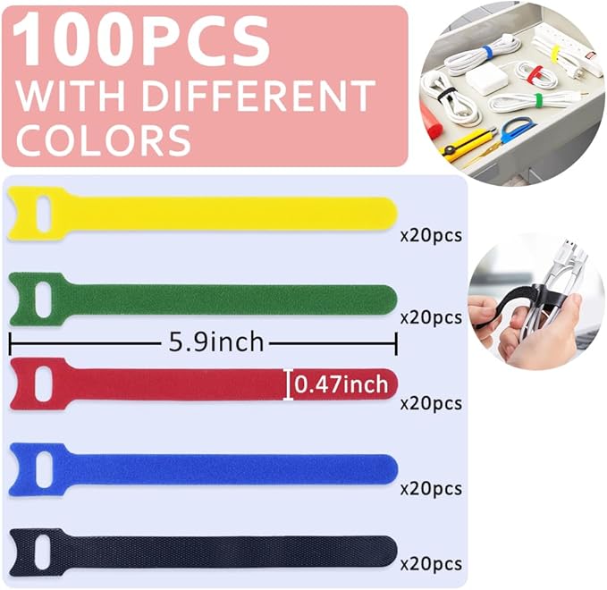 100pcs Cable Ties Reusable Rainbow Color Wire Ties Cable Management Cord Ties Reusable for Electronics Hook and Loop Cable Ties for Computer 6 Inch with 5 Colors