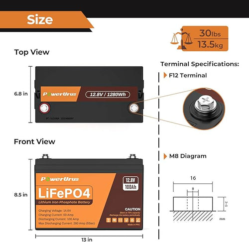 12V 100Ah LiFePO4 Lithium Battery with Smart APP, 4000-8000 Deep Cycle LiFePO4 Battery, Built-in 100A BMS, Wireless Real-Time Battery Monitor Function for RV, Marine, Off Grid Applications