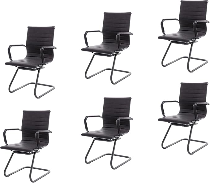 CIMOTA Waiting Room Chairs Leather Office Guest Chair Mid Back Reception Chairs with Sled Base for Meeting/Patient/Conference Room, Retro Black Set of 6