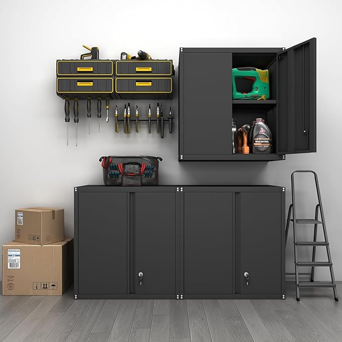 GREATMEET Locking Metal Wall Cabinets for Garage, Garage Cabinets Wall Mount, Steel Floating Hanging Storage Cabinet with Doors and Adjustable Shelf for Utility Room