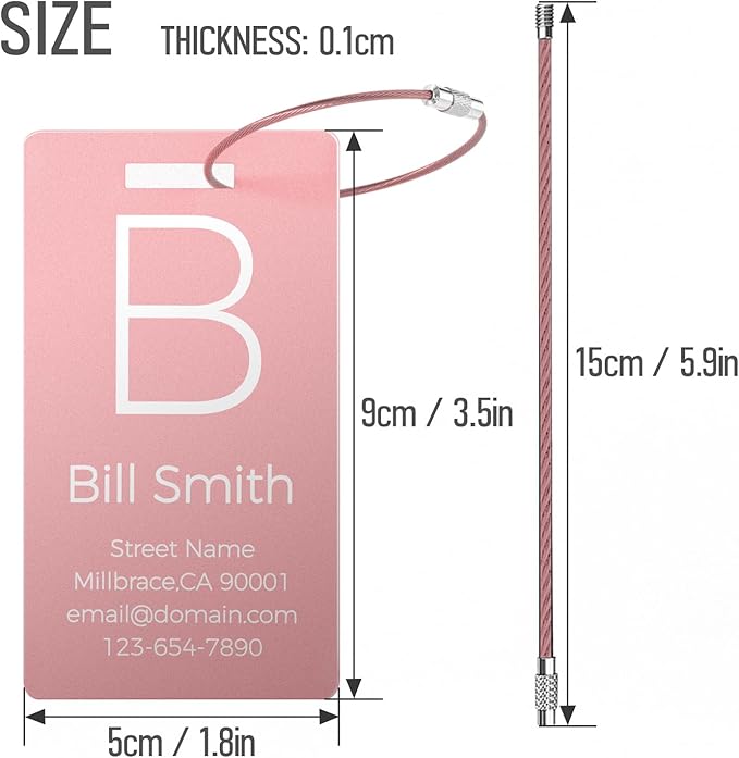 4 Personalized Metal Luggage Tags for Suitcase, Laser Engraved with Text and Logo, Custom Aluminum Name Tags with Stainless Steel Ring, for Travel, Golf Bag, and Baggage (Pink)