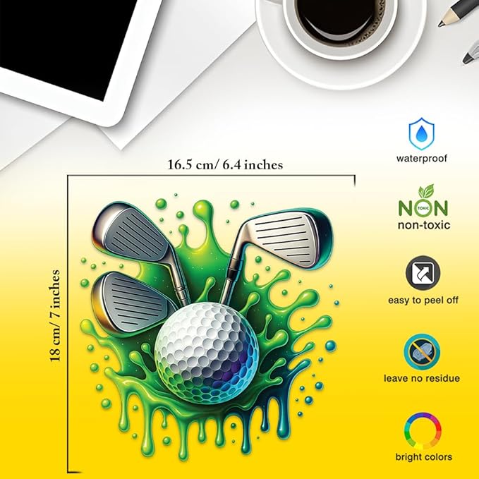 Golf Ball and Clubs Decal – 7x6,8in Vinyl Sticker with Dripping Paint Effect – Sports Design for Car Window, Laptop, Wall – Waterproof & Removable