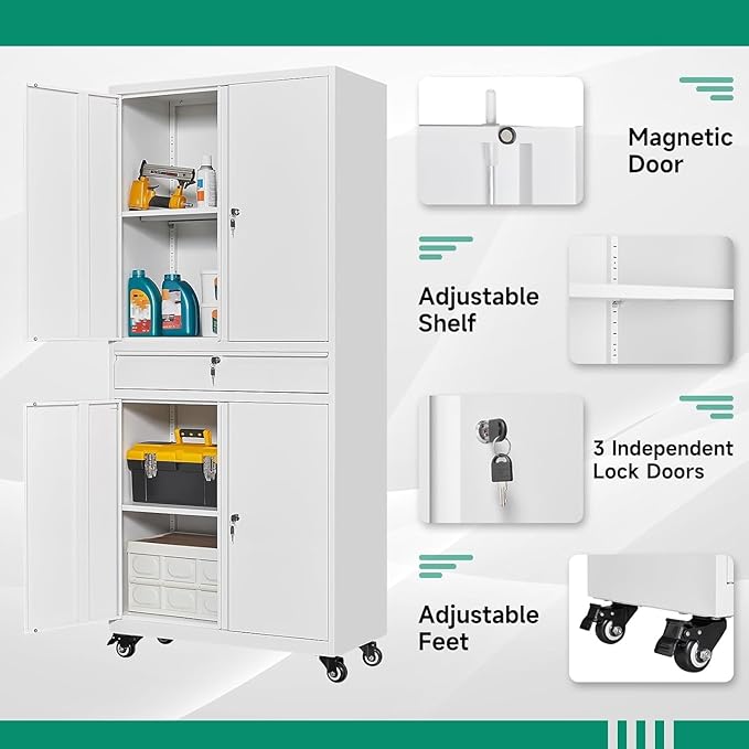 Letaya Metal Garage Storage Cabinet with Wheels,72“ Rolling Tool Cabinet with 4 Door Lock-Adjustable Shelves and Drawer for Garage Home Office Utility Room (White with Wheels)