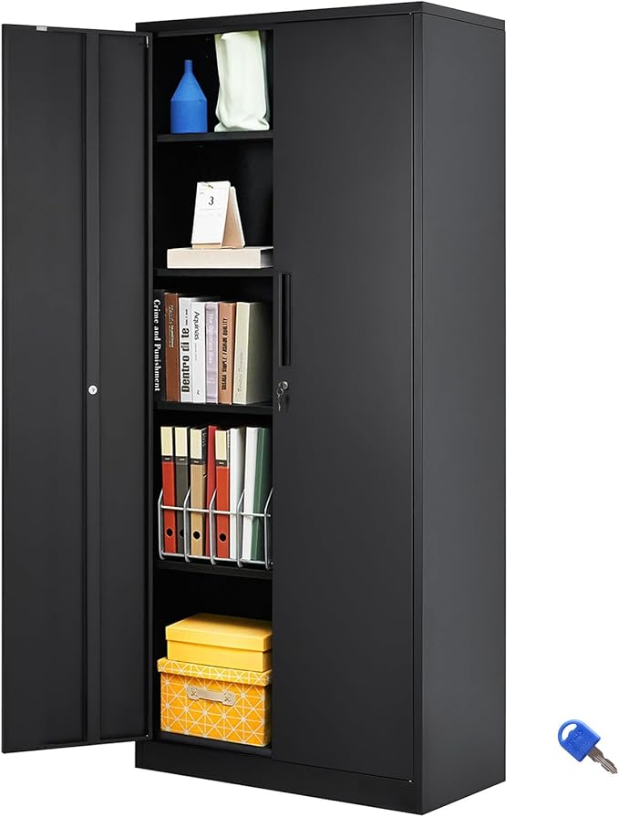 VEVOR Metal Storage Cabinet, Steel Locking Storage Cabinet with 2 Magnetic Doors and 4 Adjustable Shelves, 71'' Metal Cabinet 200 lbs Capacity per Shelf with 3 Keys, for Office, Home, Garage, Black