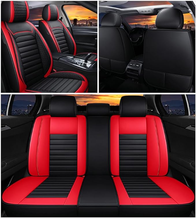 Leather Car Seat Covers for Volkswagen Golf Alltrack 2017-2019,Car Seat Covers Full Set,Seat Covers with Safety,Waterproof Seat Cover Compatible Airbag(5pcs Black&Red Bars Standard)