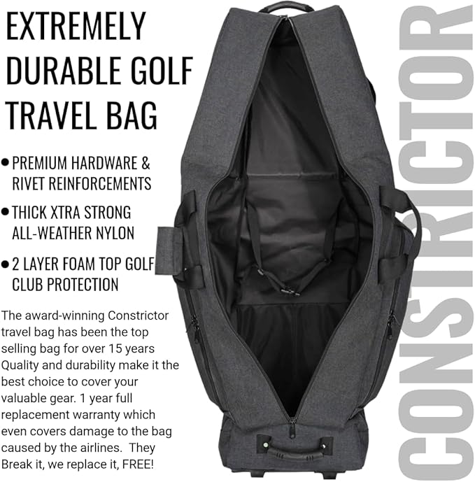 CaddyDaddy Constrictor Soft-Sided Golf Travel Bag Cover with Thick Dense Foam Padded Top 1 Year Full Travel Bag Replacement Coverage | Wheels & Lockable Zippers Case for Transporting Clubs on Airlines