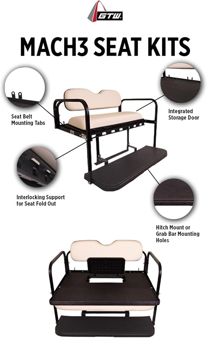 GTW MACH3 Club Car Precedent/Tempo/Onward Golf Cart Rear Seat Kit with Steel Frame | Compatible with 2004-Up Models (White)