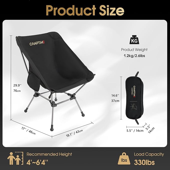 Portable Camping Chair Plus, Larger & Roomier, Compact and Lightweight, Folding Chair for Backpacking & Hiking, 330Lbs Capacity, Black