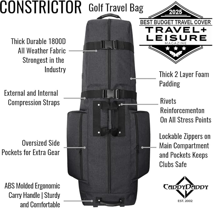 CaddyDaddy Constrictor Soft-Sided Golf Travel Bag Cover with Thick Dense Foam Padded Top 1 Year Full Travel Bag Replacement Coverage | Wheels & Lockable Zippers Case for Transporting Clubs on Airlines