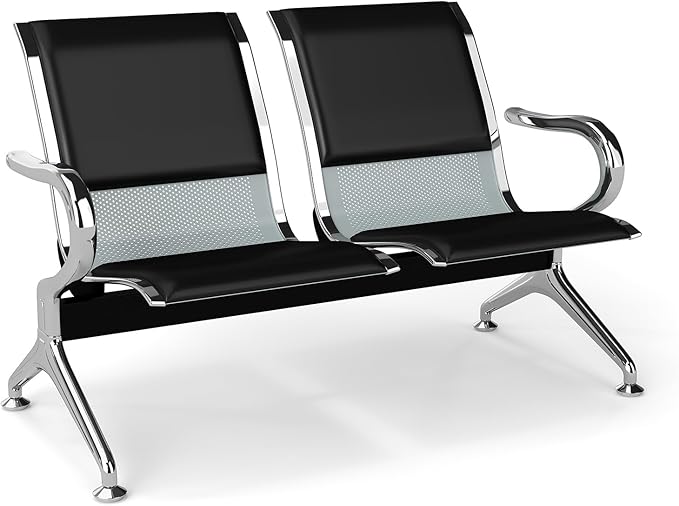 kinbor Waiting Room Chairs - Durable PU Leather Reception Bench with Armrests, 2-Seat Office Reception Guest Chairs for Office, Hospital, Airport, Bank & Lobby, Black