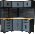 Garage Storage Cabinet System 8-Pcs Garage Cabinets and Storage System Corner Workshop Set with Corner Cabinet, Cabinet Drawers, Workbench, Pegboard for Tool Organization, Black and Grey