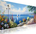 Extended XXL Gaming Mouse Pad with Stitched Edges - Sailing Boats Seaside Paradise Vibrant Flowers Blossoms Haven Scenery by The Calm Blue Sea, Smooth Fabric Surface Anti-Slip Base Large Desk Mat