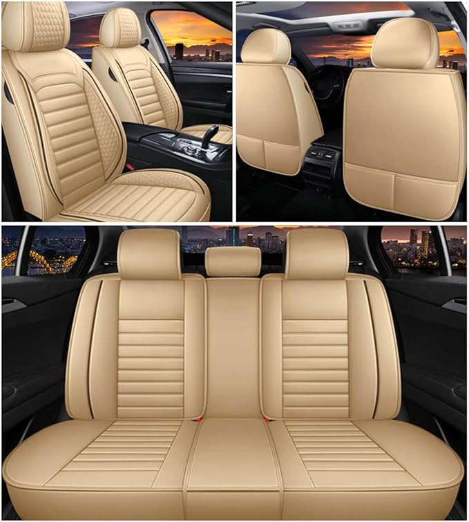 Leather Car Seat Covers for Volkswagen Golf 2001-2021,Car Seat Covers Full Set,Seat Covers with Safety,Waterproof Seat Cover Compatible Airbag(5pcs Beige Standard)