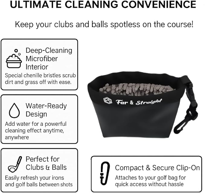 FAR&STRAIGHT Golf Club & Ball Cleaning Pouch – Soft Microfiber Interior for Gentle Cleaning – Clip-On, Waterproof Bag