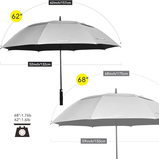ZEKAR 62" & 68" Windproof Large Vented Canopy Golf Umbrella, UPF 50+ Patio Umbrella | Sun UV Protection | Keep You Cool (Silver, 68"-Pack-of-2)