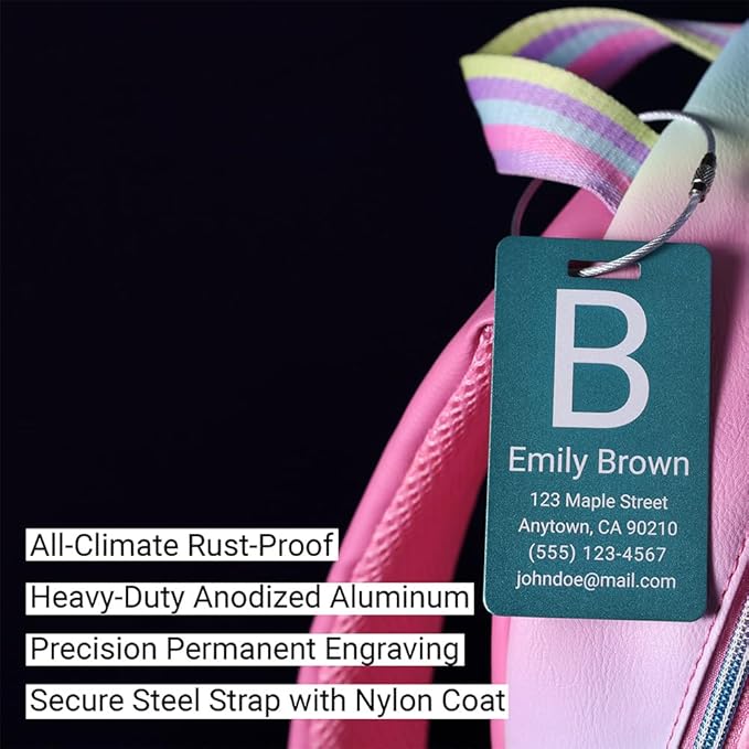 Personalized Luggage Tags for Suitcases 4 Pack – Custom Metal Name Tag for Travel, Golf Bag, and Baggage – Durable Aluminum Luggage Name Tags (Purple, Vertical)