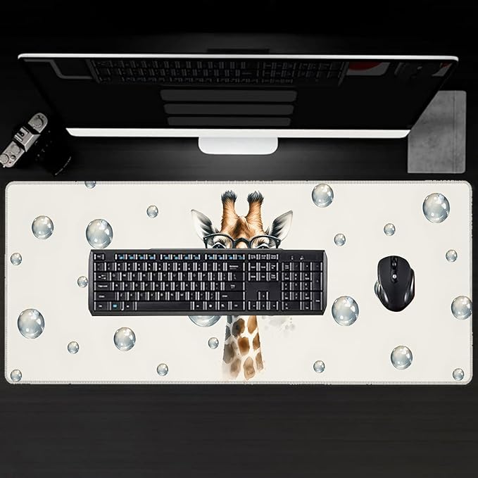 Funny Giraffe Large Gaming Desk Mat,Rubber Non-Slip Cute Wild Mouse Pad,31.5x11.8x0.12in Extended Animal Face Mousepad,Game Lover Mice Pads Gifts,Office Home Deskmat Decor