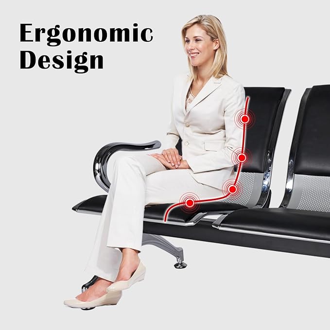kinbor PU Leather Waiting Room Chairs - Airport Salon Office Waiting Area Reception Chairs Furniture Bench with Arms for Bank, Hospital, Barbershop, Black (Set of 2)