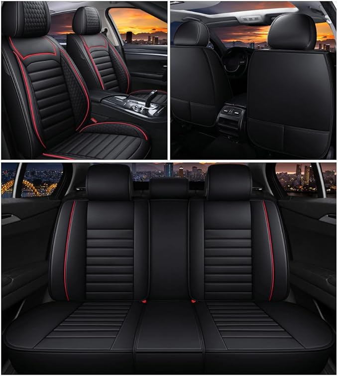 Leather Car Seat Covers for Volkswagen Golf Alltrack 2017-2019,Car Seat Covers Full Set,Seat Covers with Safety,Waterproof Seat Cover Compatible Airbag(5pcs Black&Red Standard)