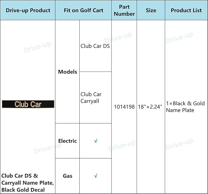 Drive-up Name Plate for Club Car DS Emblem Black Gold for Golf Cart-18" X 2.24"