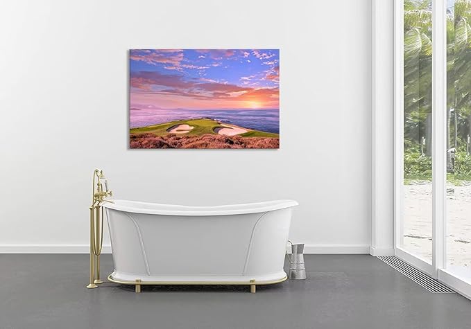 Pebble Beach Golf Course Hole 7 Wall Art Prints - Monterey California USA Golf Course Canvas Wall Art for Living Room Bedroom Bathroom Home Decorations Gifts Framed Ready to Hang(18''H x 24''W)