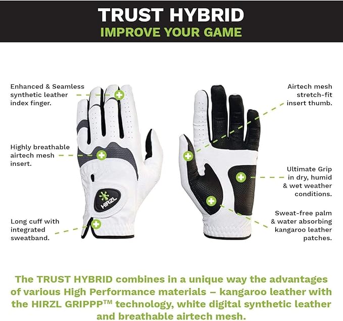 HIRZL Trust Hybrid Golf Glove– All Weather Mens Golf Glove (White/Black) | Nylon, Kangaroo Leather, Polyester | Ultimate Grip (Wet or Dry), Ergonomic Fit, Breathable, Sweat Free, Water Repellent