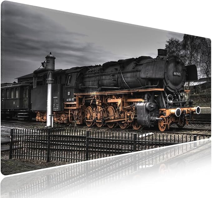 Wknoon. Extra Large Gaming Mouse Pad (31.5" x 11.8") with Durable Stitched Edges – Vintage Steam Locomotive Old Train at a Railway Station, Anti-Slip Base & Smooth Fabric Surface Extended XXL Desk Mat