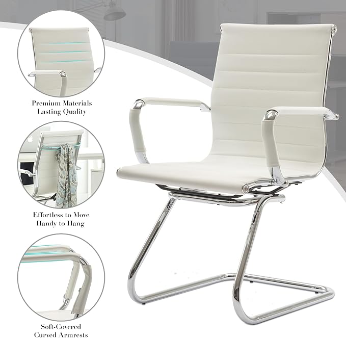 CIMOTA Waiting Room Chairs Leather Office Guest Chair Mid Back Reception Chairs with Sled Base for Meeting/Patient/Conference Room, White Set of 6