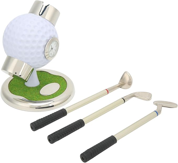 Golf Pen Holder Set, Elegant Simulation Zinc Alloy Clock Pen Container with 3 Pens for Office Desk Decor Father Gift Home Study Decoration